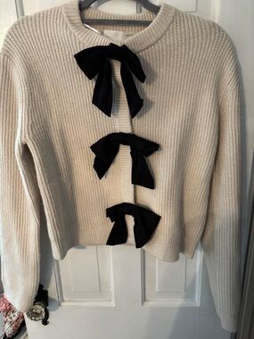 H&M Cream Knit Cardigan with Black Bow Details